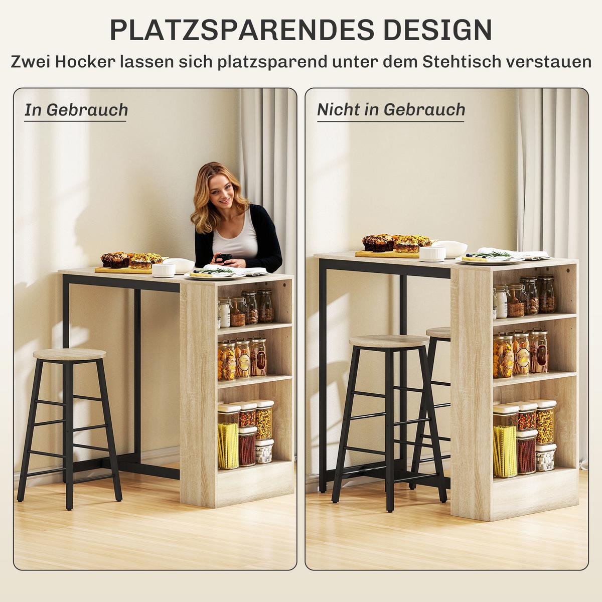 BARTISCH mit Barhocker Set, 3-tlg. Bartisch-Set mit Küchentisch, Stauraum - Multicolor, Metall (49/91/91cm) - HOMCOM