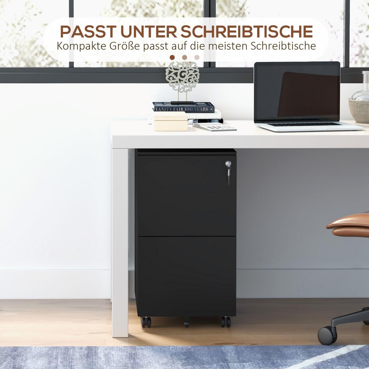 AKTENSCHRANK mit 2 Schubladen, Rollen, für A4 Akten, Dokumente, Stahl, Schwarz - Schwarz, Metall (43.5/67.5/37cm) - Vinsetto