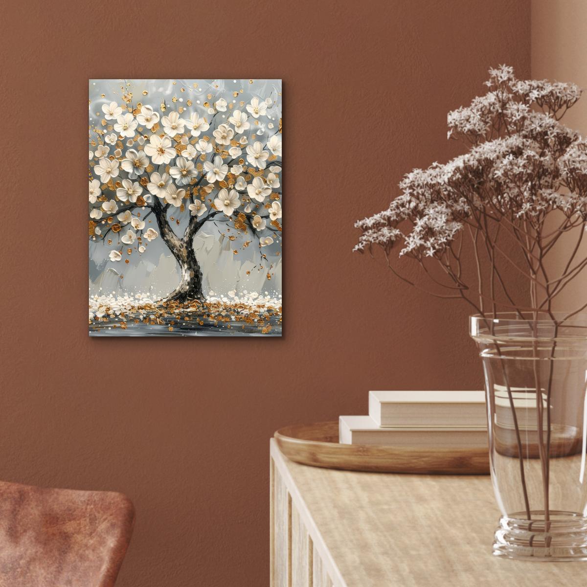 METALLBILD Baum - Blumen - Weiß - Natur - Kunst 30x40 cm - Weiß, Metall (30/40cm) - MuchoWow