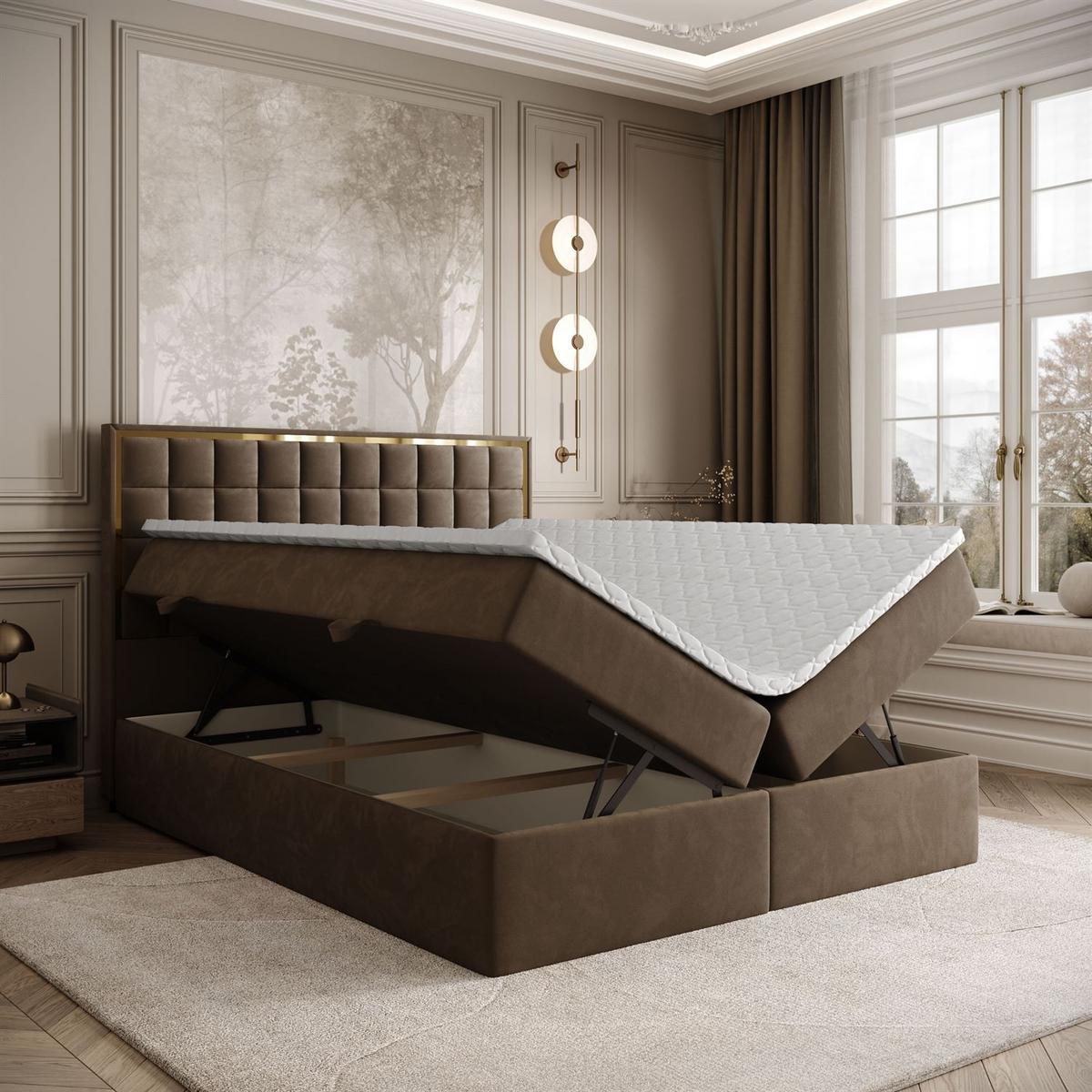 BOXSPRINGBETT ISADORA GOLD mit Bettkasten und Topper 160x200 cm Royal Velvet 196 - Braun, Textil - Lookway