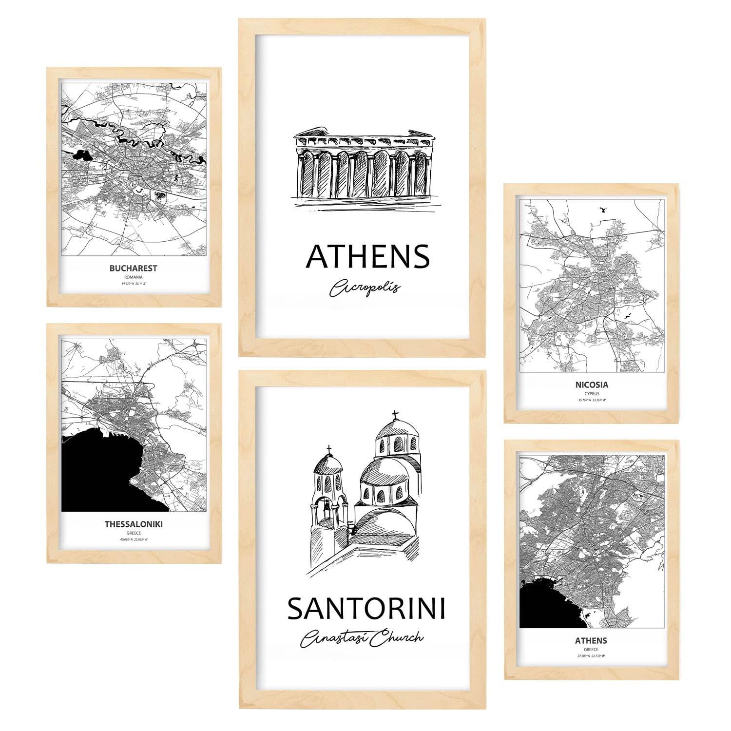 POSTER Set Mit 6 Drucke Von Europa Von Karten In Schwarz Weiß A3 & A4 Rahmen Aus Hellem Holz - Beige, Papier (29/3cm) - Nacnic