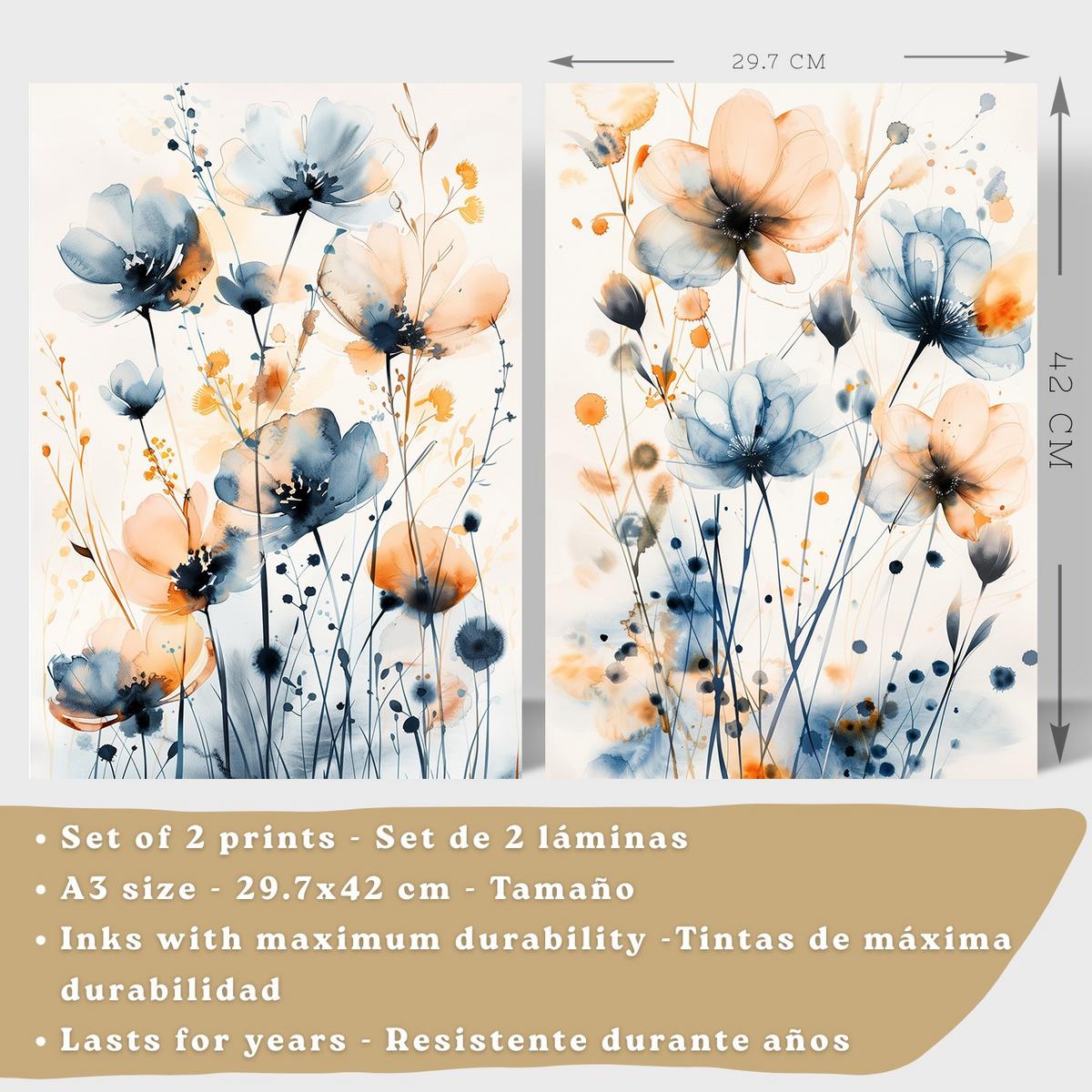 POSTER 2er-Set Wandbilder Blumen Blau Orange Boho modern Wohnzimmer Deko, Schlafzimmer, Küche, Badezimmer Rahmenlos A3 - Beige, Papier (29.7/1/42cm) - Nacnic