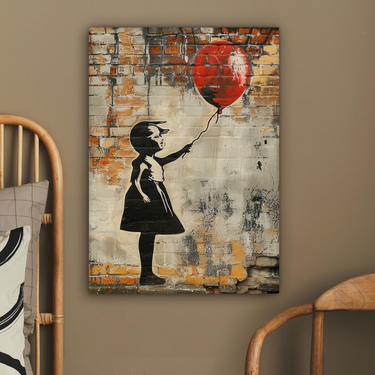 LEINWANDBILD Graffiti - Banksy - Mädchen - Straßenkunst Wandbild Wohnzimmer 60x80 cm - Sandfarben, Textil (60/80cm) - MuchoWow