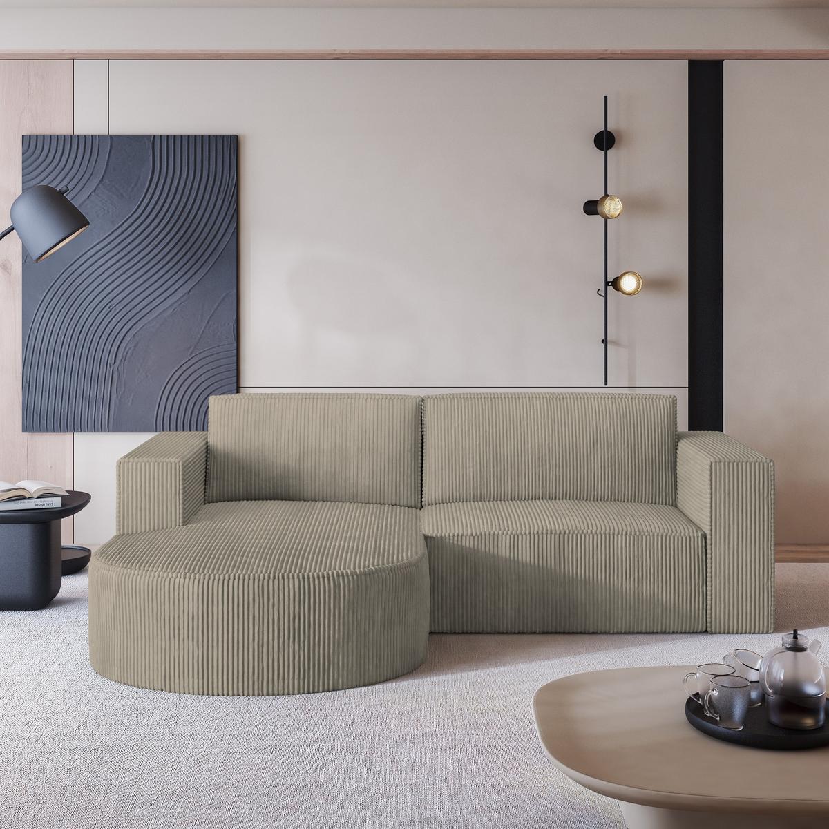 ECKSOFA SORELA P L-S Beige Kordstoff mit Schlaffunktion - Beige, Holz (263/174cm) - MASSENO