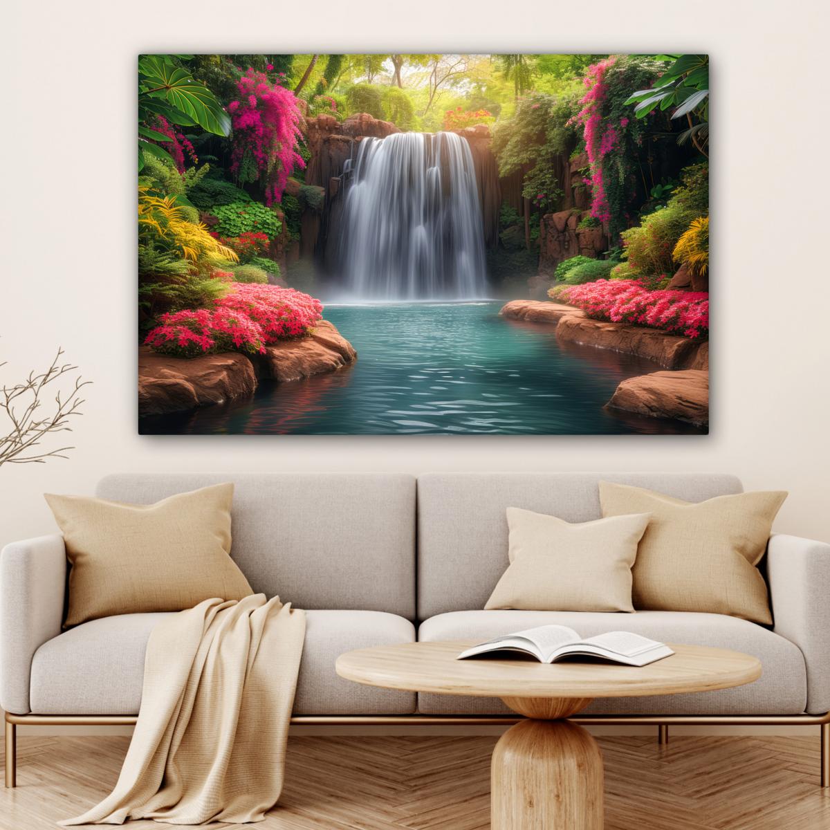 LEINWANDBILD Wasserfall - Natur - Pflanzen - Dschungel - Wasser XXL 150x100 cm - Grün, Textil (150/100cm) - MuchoWow
