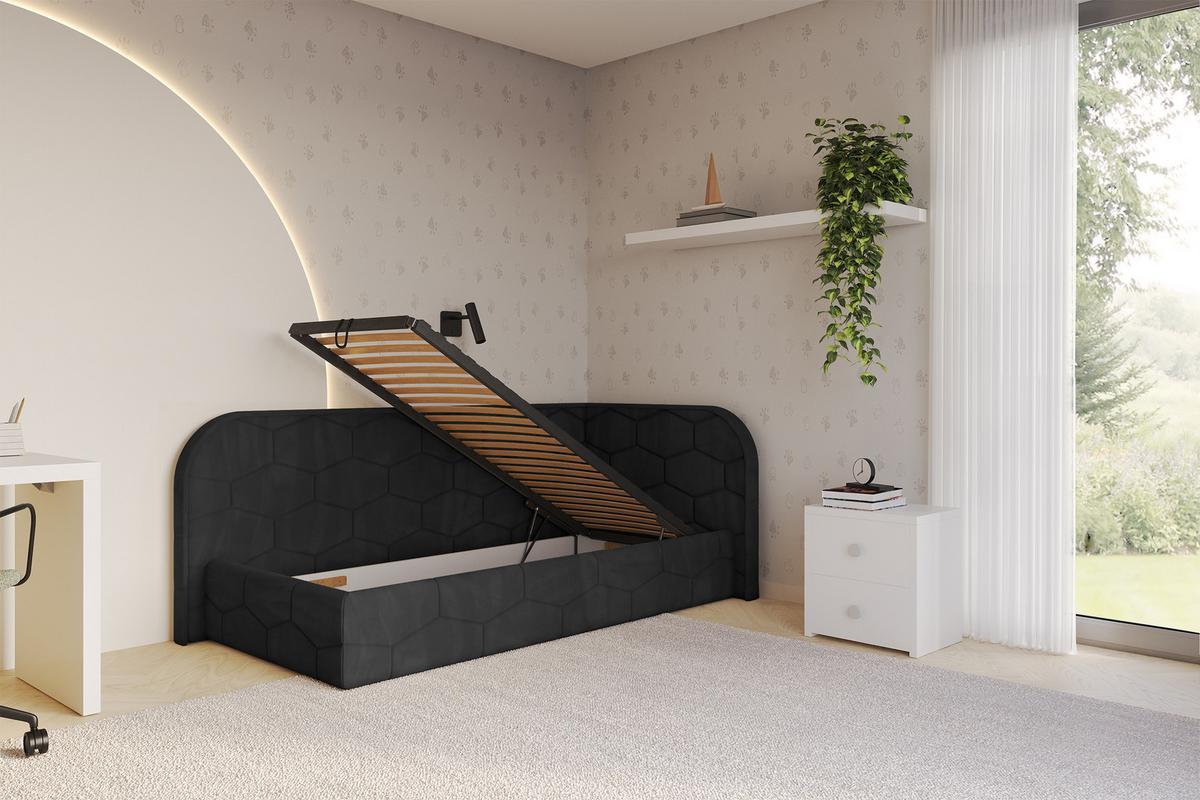 EINZELLBETT Jugendbett mit Bettkasten und Matratze H3/H4, Links - JAXY 90x200 Schwarz - Schwarz, Holzwerkstoff/Textil (90/200cm) - ALTDECOR