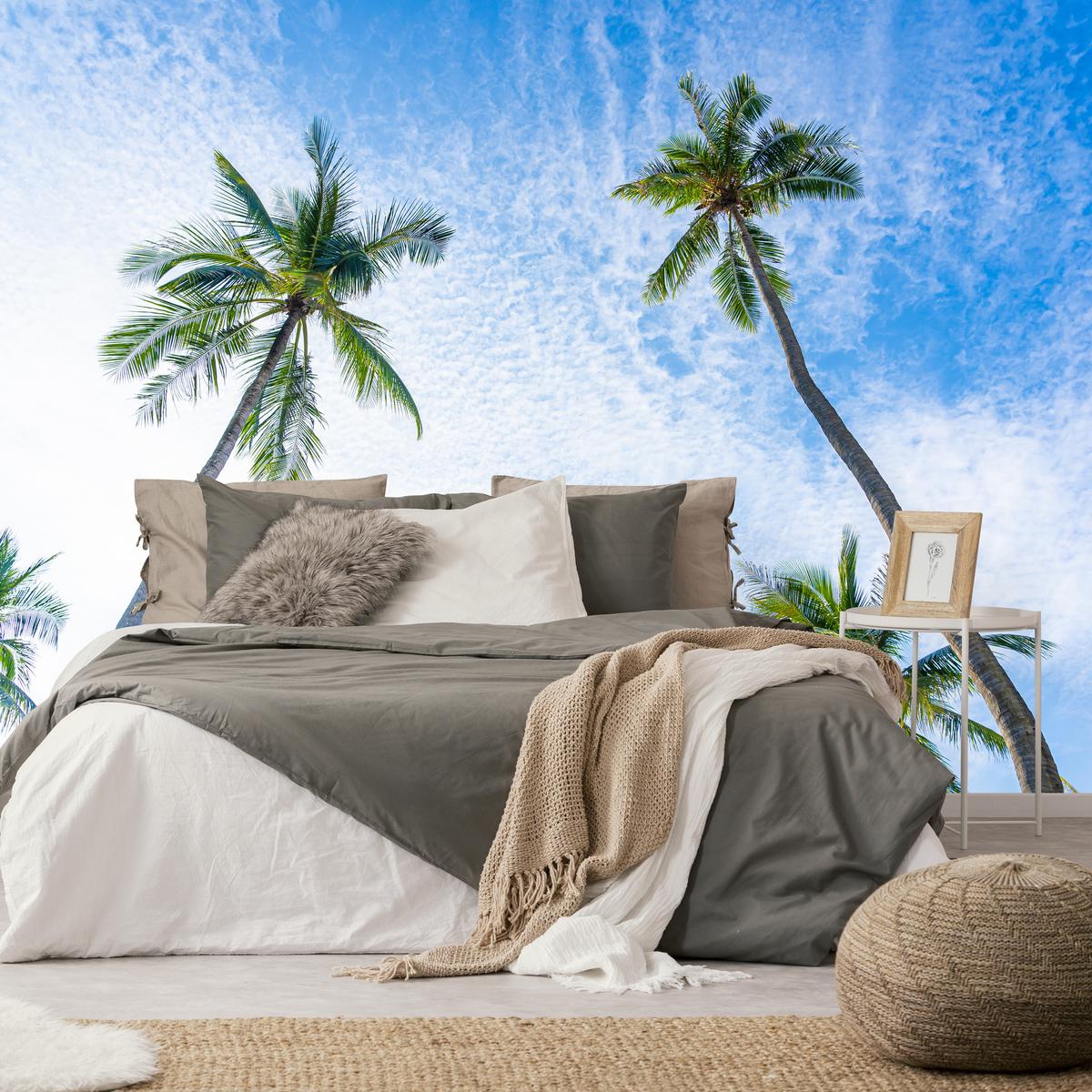 FOTOTAPETE für Badezimmer Palmen Kokos Himmel Untenblick 350x256 - Blau/Weiß, Papier (350/256cm) - Muralo