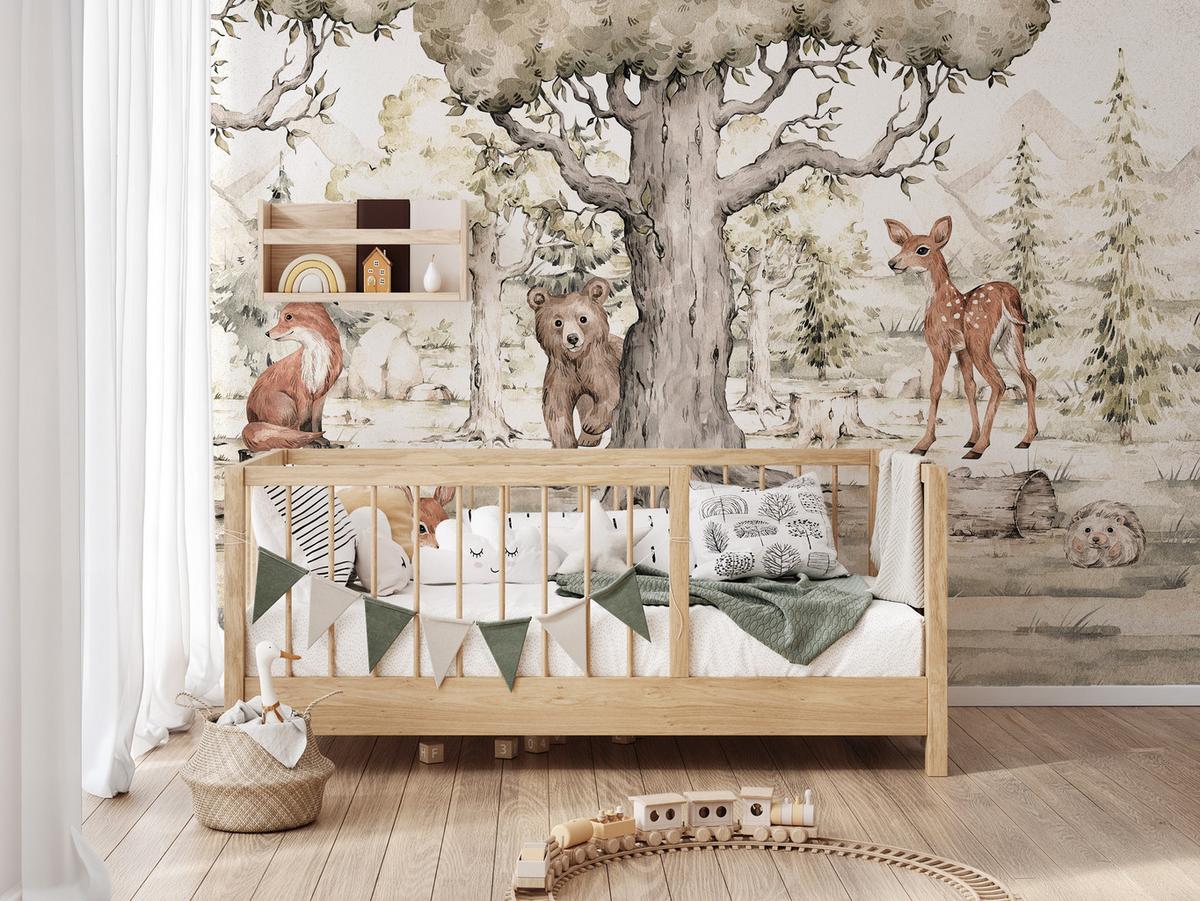 FOTOTAPETE für Kinderzimmer Waldtiere Aquarell Bär Fuchs Reh Bäume 200x140 - Beige/Orange, Papier (200/140cm) - Muralo