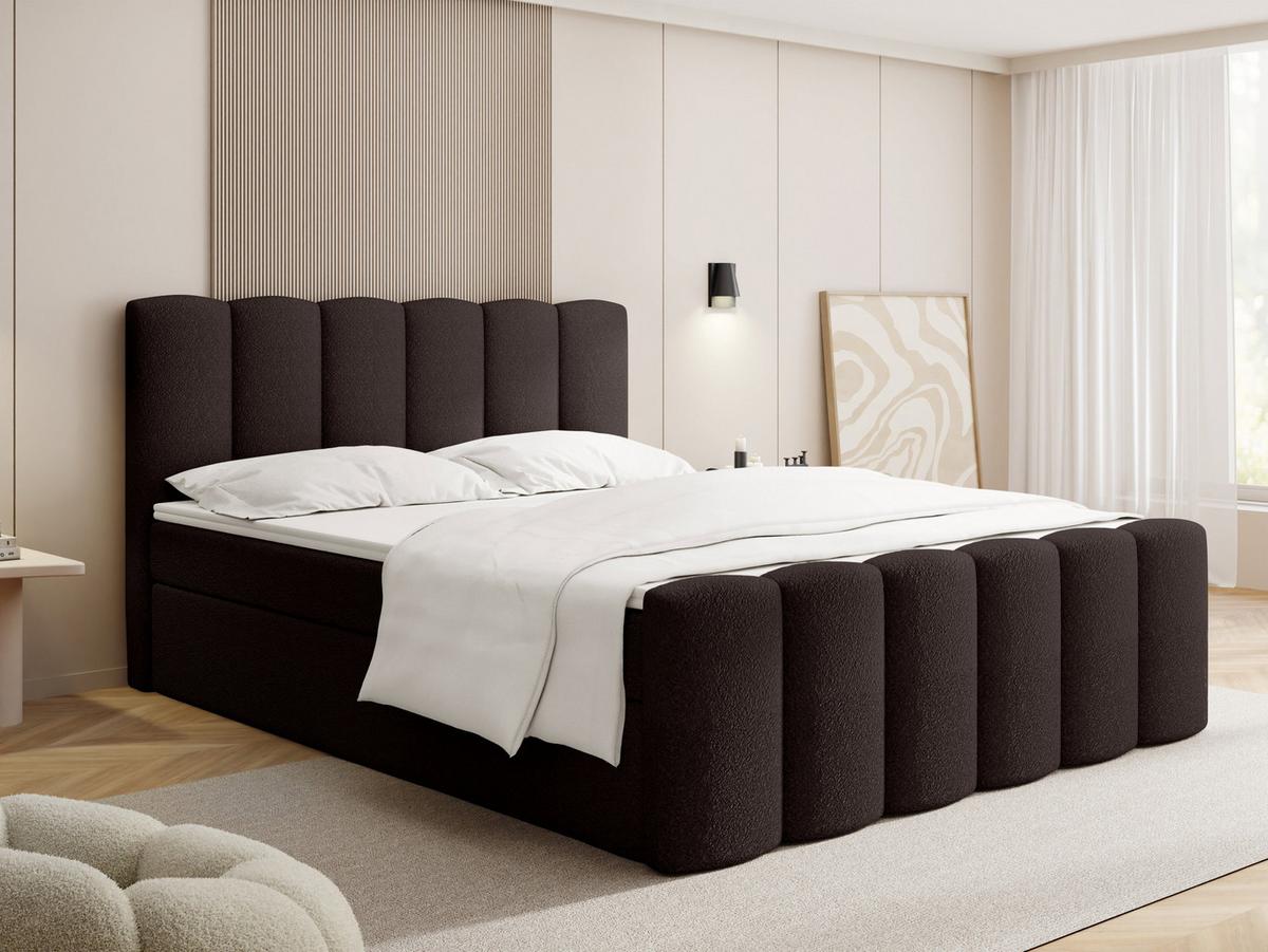 BOXBETT Serenity mit Bettkasten, Boucle Braun 120x200 cm – inkl. H4 Taschenfederkern Matratze & Foam Topper - Schwarz/Braun, Holz/Holzwerkstoff (120/200cm) - WFL GROUP