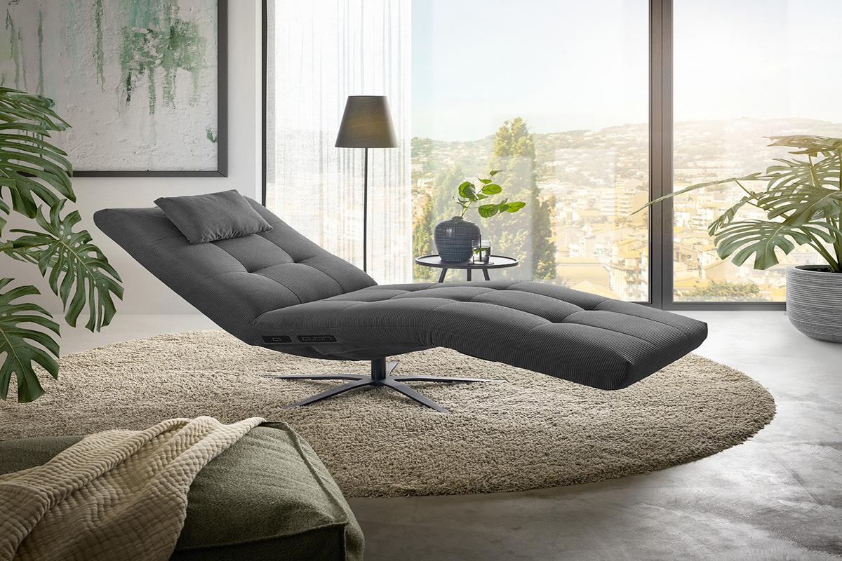 RELAXLIEGE LETICIA Anthrazit Cord Drehbar (360°), Relaxfunktion - Anthrazit/Schwarz, Textil/Metall (82/115/156cm) - KAWOLA