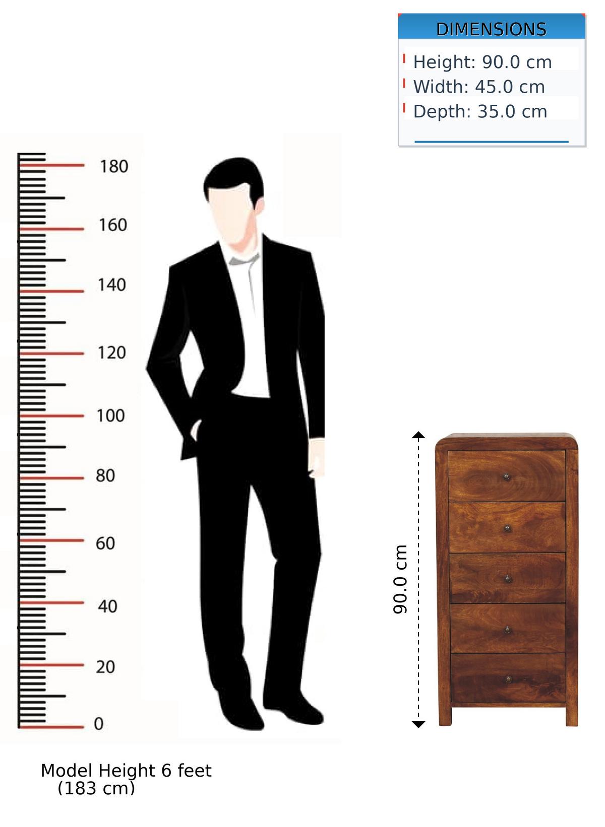 TALLBOY Aspen mit 5 Schubladen, Braun - Messingfarben/Braun, Mangoholz/Holz (45/90/35cm) - Artisan Furniture
