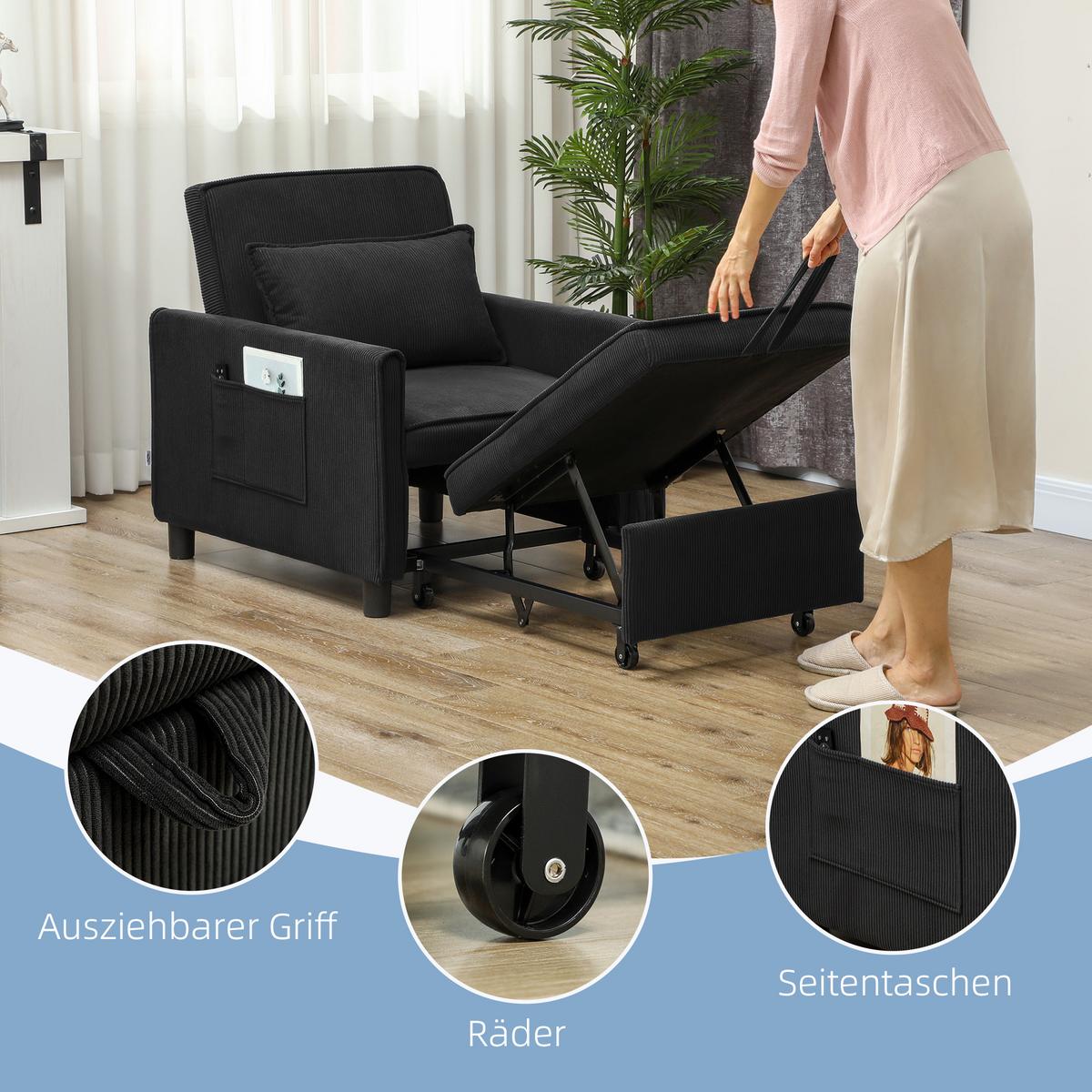 3-IN-1 Schlafsessel, Klappbett mit Bettfunktion, Lendenkissen für Wohnzimmer - Schwarz, Kunststoff (74/81/84cm) - HOMCOM
