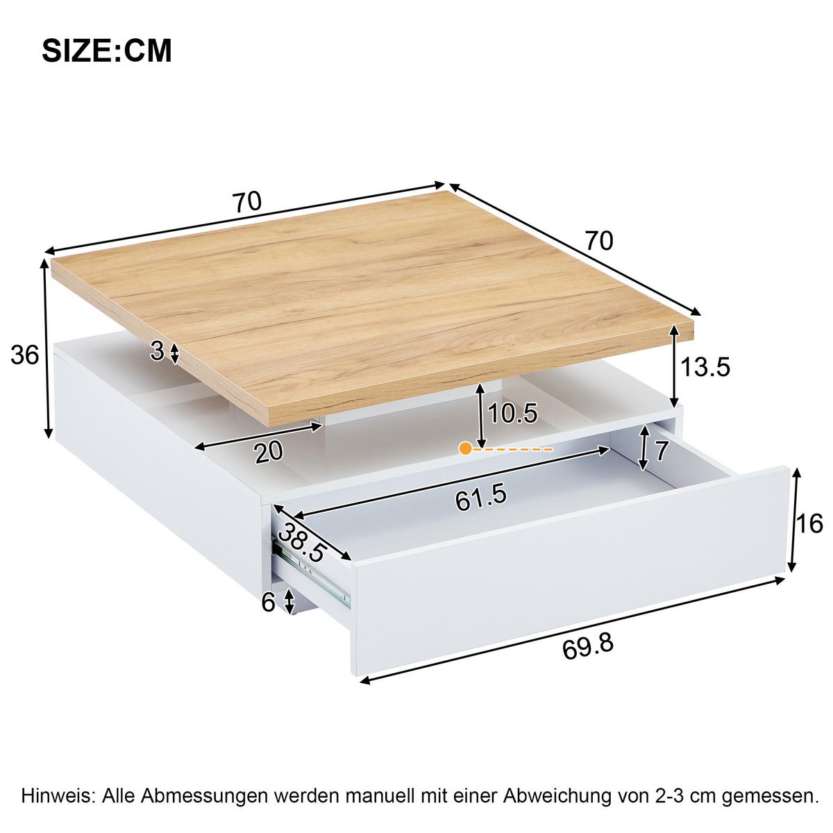 COUCHTISCH 360° Drehbar Weiß Hochglanz & Nussbaum Quadratisch 1 Schublade - Naturfarben, Holzwerkstoff (70/70/36cm) - Urban Meuble