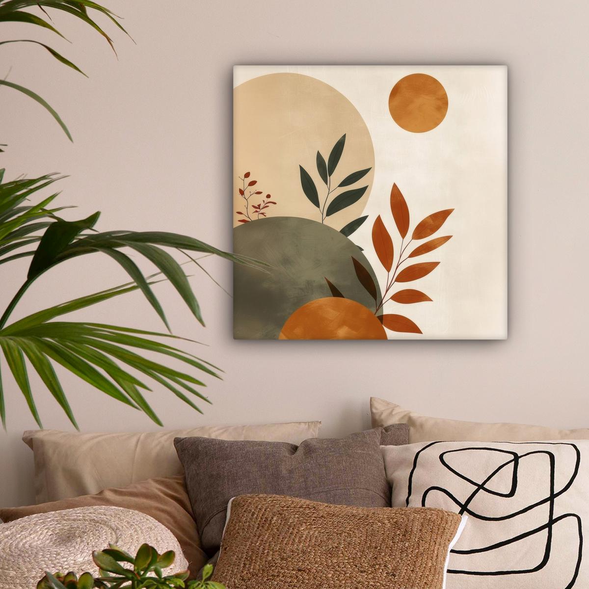 LEINWANDBILD Formen - Rund - Blätter - Beige Wandbild Wohnzimmer 50x50 cm - Rostfarben, Textil (50/50cm) - MuchoWow
