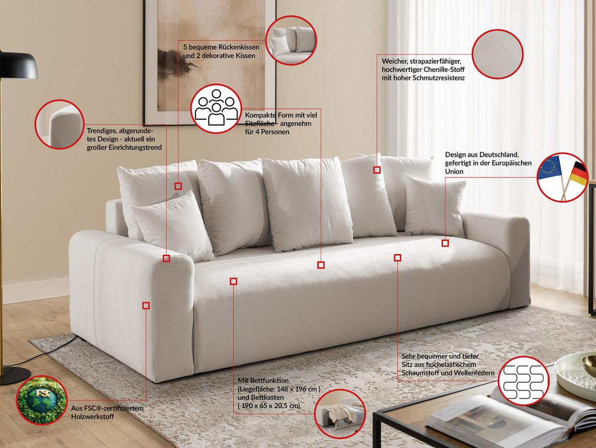SCHLAFSOFA Calma mit Bettkasten im Bumpy-Design aus weichem Beige Webstoff - Beige/Schwarz, Holz/Kunststoff (239/88/98cm) - S-Style