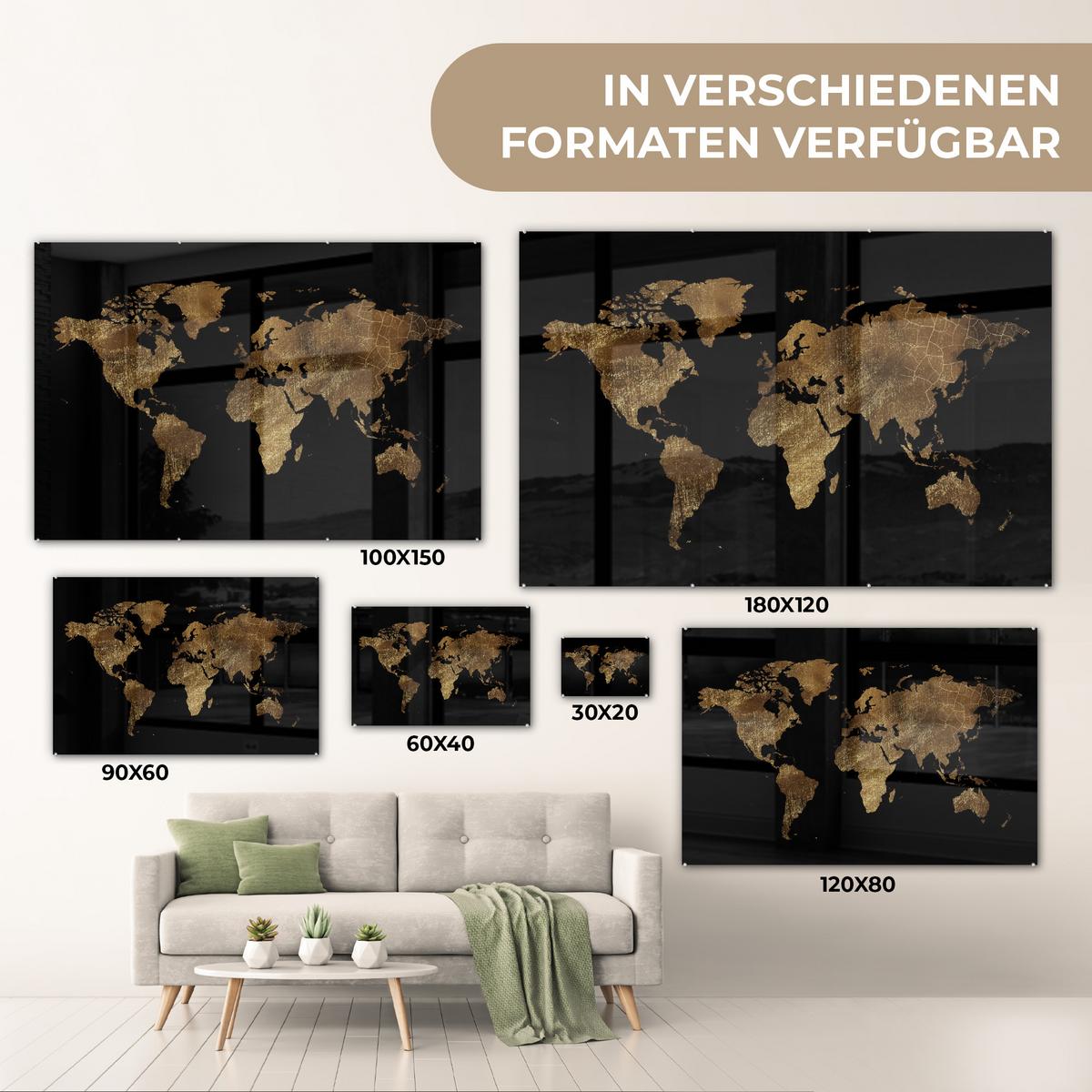 ACRYLGLASBILD Weltkarte - Gold - Luxus - Erde - Schwarz Room Decor 90x60 cm - Goldfarben, Glas (90/60cm) - MuchoWow