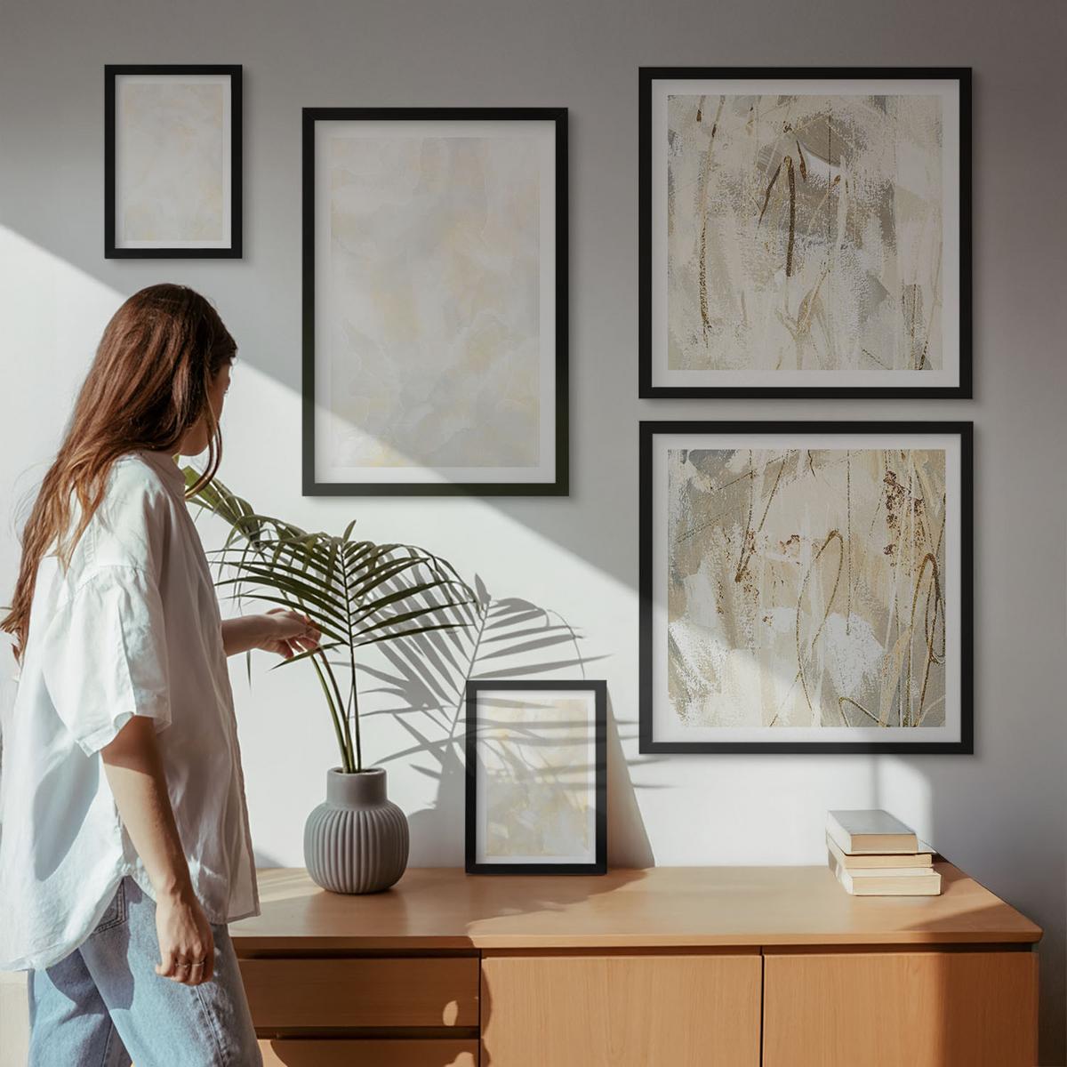 BILDER SET 5er Set - 50x50 cm & 20x30 cm & 40x60 cm Schwarzer Rahmen - Helles Strukturfarbendesign - Schwarz, Kunststoff (40/60cm) - TULUP
