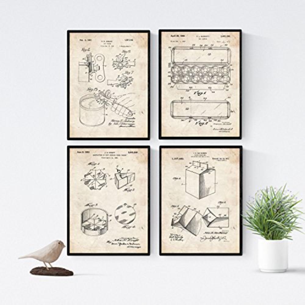 POSTER Set mit 4 Jahrgang PATENTEN von Lebensmitteln A4 Schwarzer Rahmen - Schwarz, Papier (29.7/3cm) - Nacnic