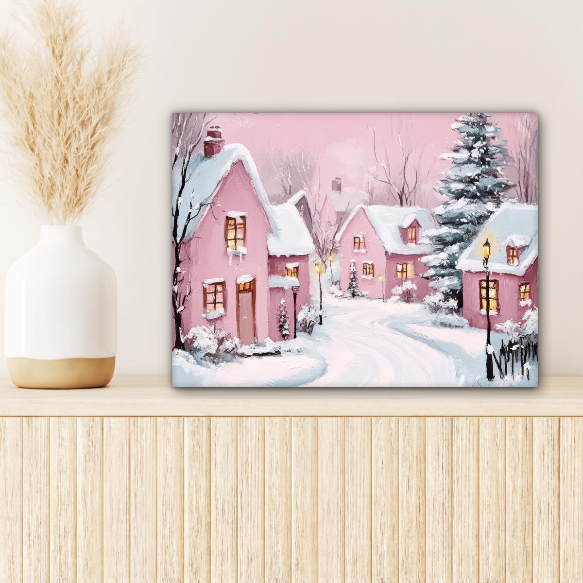 LEINWANDBILD Weihnachtsdorf - Rosa - Winter - Schnee - Häuser Wandbild 40x30 cm - Altrosa, Textil (40/30cm) - MuchoWow