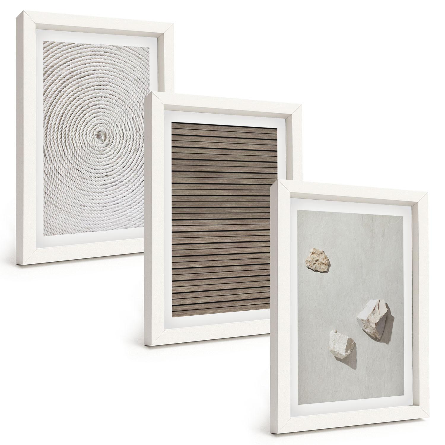 BILDER SET 3er Set - 20x30 cm Weißer Rahmen - Natürliche Texturen Holz Stein - Weiß, Kunststoff (20/30cm) - TULUP