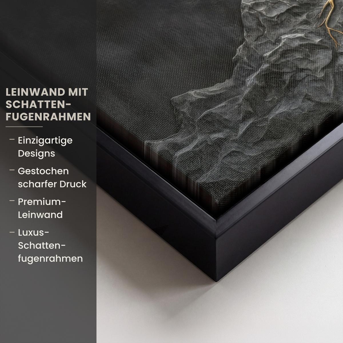 LEINWAND Bilder mit Rahmen - Blätter - Gold - Baum - Fels - 30x20 - Schwarz, Textil (30/20cm) - MuchoWow