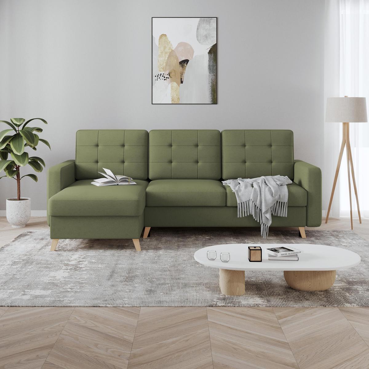 ECKSCHLAFSOFA Vinci mit universelle Ottomane, Grün - Buchefarben/Grün, Textil (236/151cm) - Beautysofa