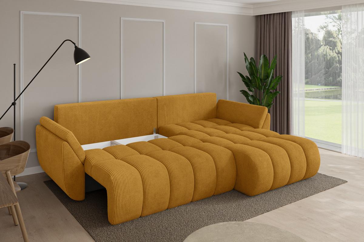 ECKSOFA mit Schlaffunktion Ottomane Rechts TOKO-L-v1 277x194x86 Senfgelb Cord - Dunkelgelb/Schwarz, Holzwerkstoff/Kunststoff (277/194cm) - ALTDECOR