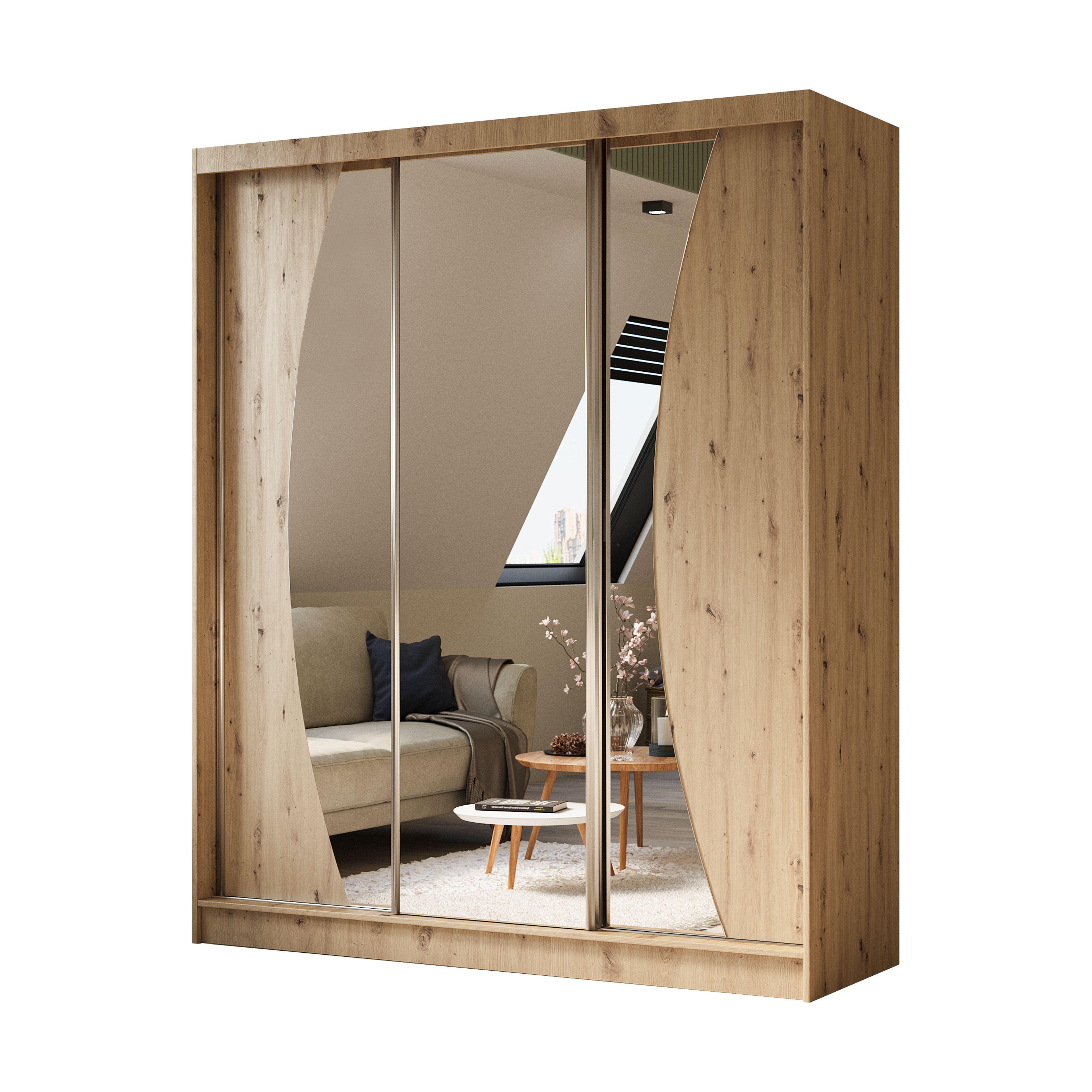 SCHWEBETÜRENSCHRANK VOCE 180/216/61 cm 3-türig mit Spiegel Eiche Artisan - Eiche Artisan, Holzwerkstoff (180/216/61cm) - MASSENO