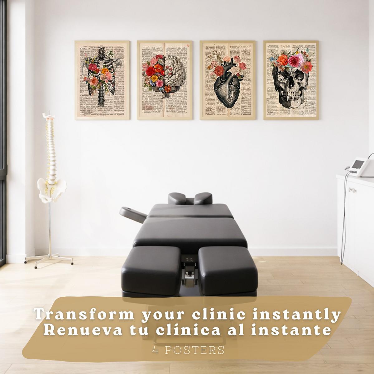 POSTER Set aus 4 Vintage Anatomie Drucke und Wandbilder mit Herz Schädel Skelett und Gehirn Collage Stil Wanddekoration Größe Leichter Holzrahmen A3 - Beige, Papier (29.7/42/3cm) - Nacnic
