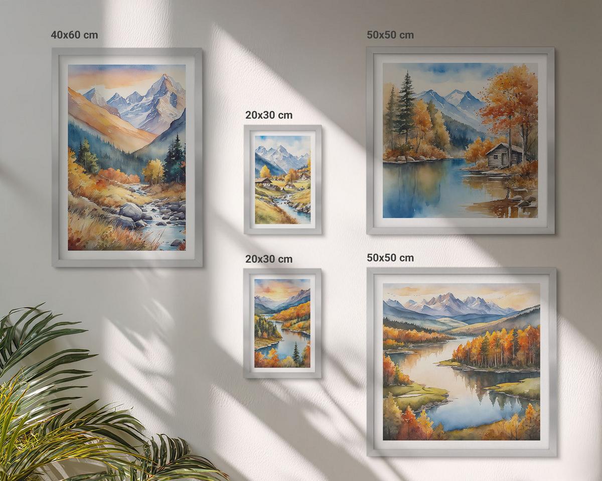 BILDER SET 5er Set - 50x50 cm & 20x30 cm & 40x60 cm Silberner Rahmen - Berglandschaft, Flusshütten - Silberfarben, Kunststoff (40/60cm) - TULUP