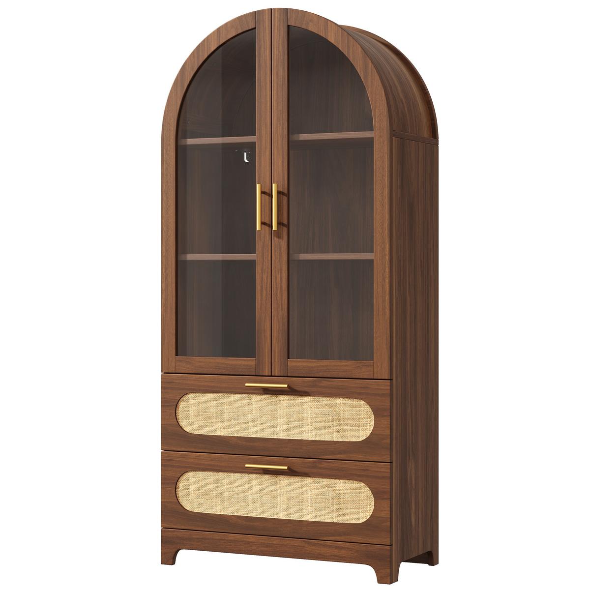 HIGHBOARD in Nussbaum-Optik mit Glas und PE-Rattan, Bogen-Design mit 2 Schubladen - Naturfarben, Holzwerkstoff (80/175/40cm) - Urban Meuble