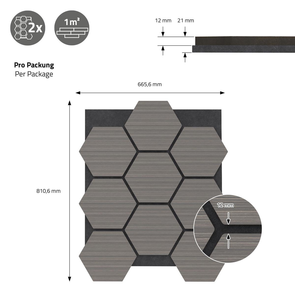 AKUSTIKPANEEL 2er Set Schallschutzplatten Hexagon Grau Holzoptik 66x81x2 cm aus Filz - Grau, Holzwerkstoff (2.1/81.1/66.6cm) - ML-DESIGN