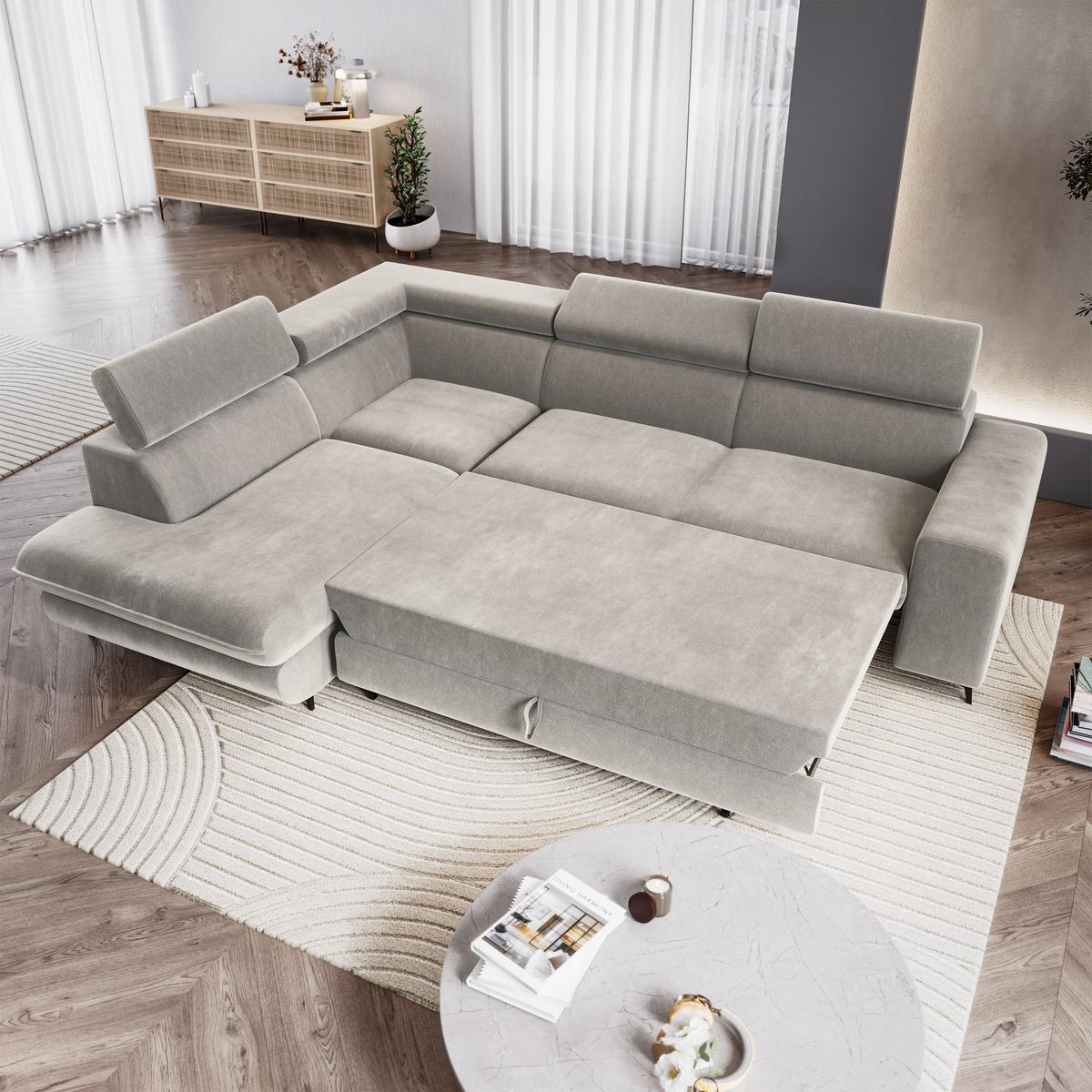 ECKSOFA VELISS Hellgrau Veloursstoff mit Schlaffunktion - Hellgrau, Holz (255/193cm) - MASSENO