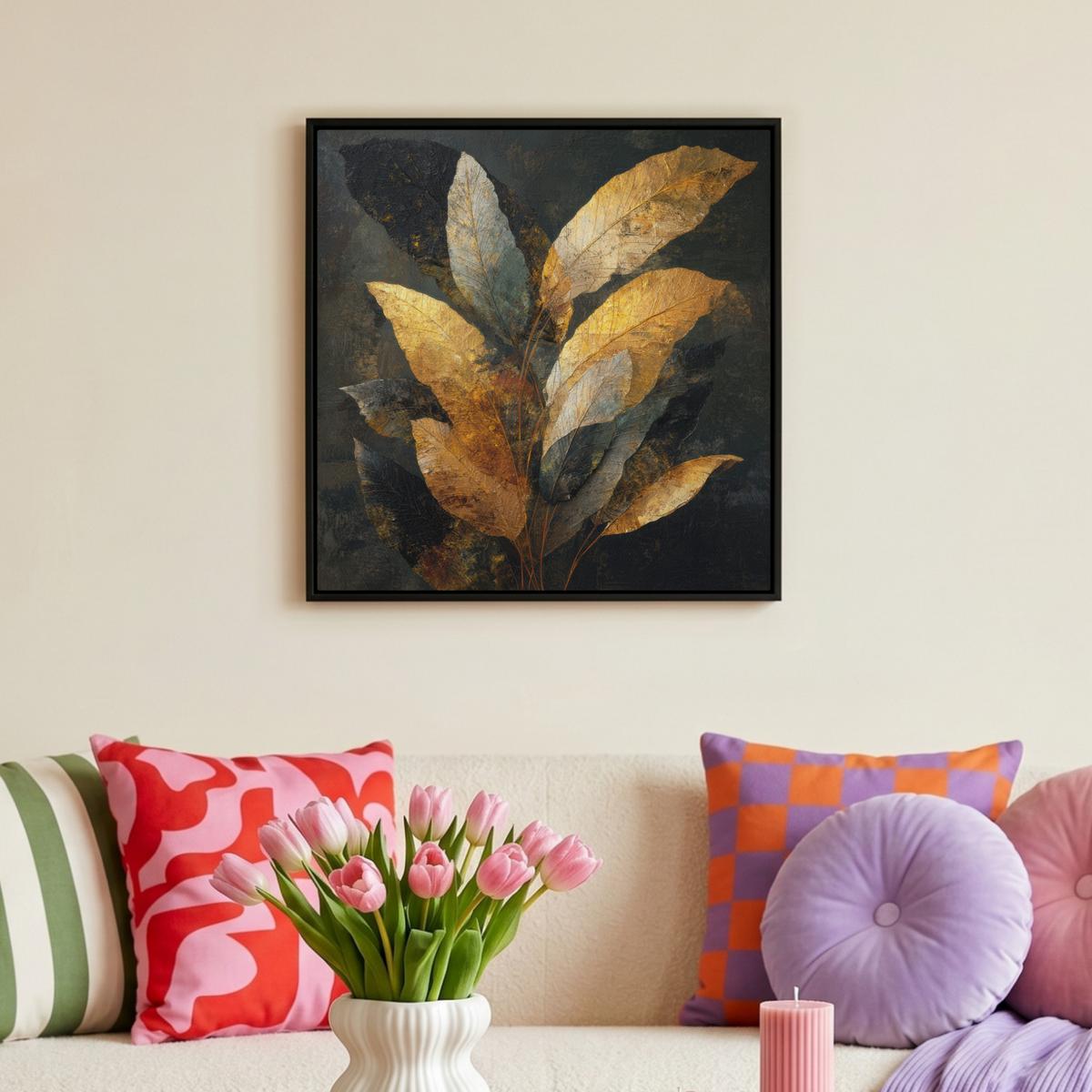 LEINWAND Bilder mit Rahmen - Golden Leaf Komposition - Botanical Luxury - 50x50 - Goldfarben, Textil (50/50cm) - MuchoWow