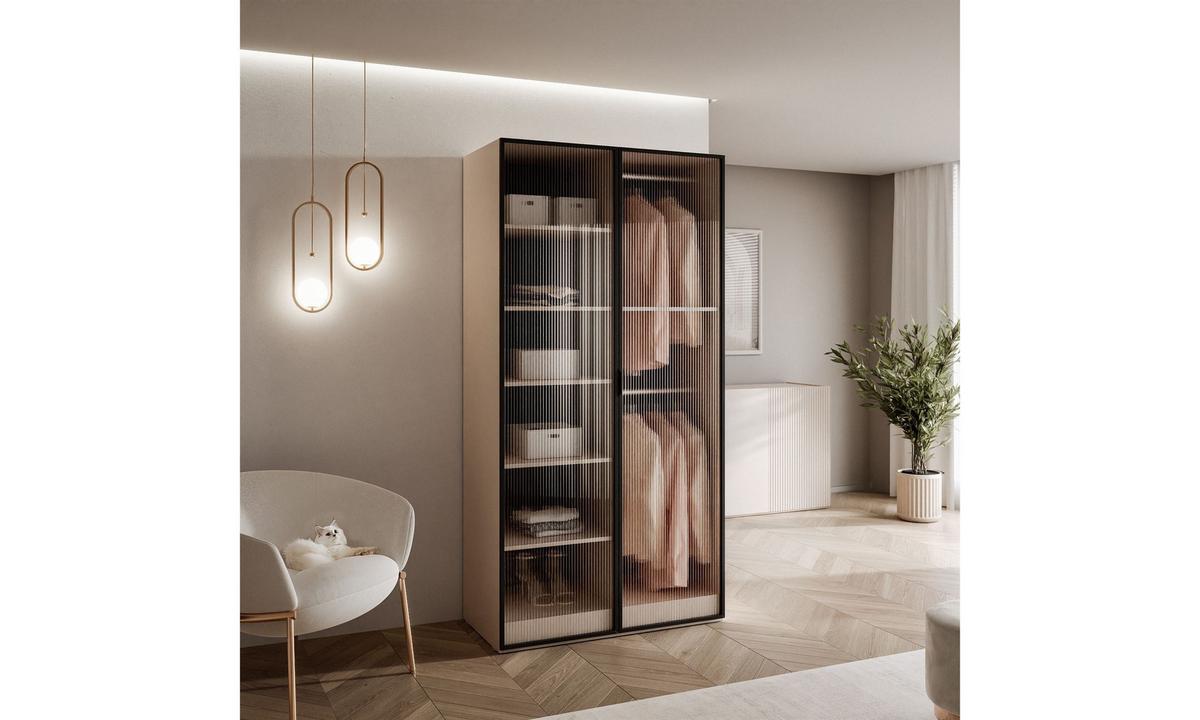 KLEIDERSCHRANK SANDBOX 100 101/49/200 cm Beige Sand / geriffeltes Glas mit LED 4 Zusatzböden - Sandfarben/Transparent, Holzwerkstoff/Kunststoff (101/200/49cm) - Lookway