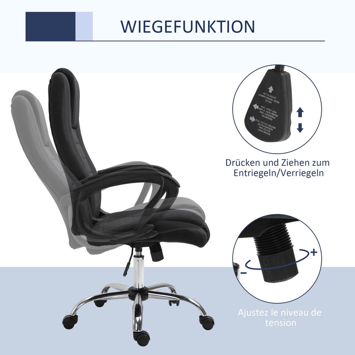 BÜROSTUHL Computerstuhl mit Wippenfunktion höhenverstellbar drehbar Leinen-Touch - Schwarz, Kunststoff (62/119/76cm) - Vinsetto