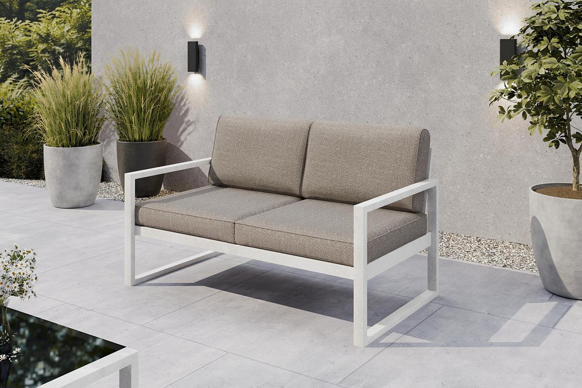 GARTENBANK Bellano Outdoor 2-Sitzer Polster-Loungebank, Stahlgestell Weiß, Dunkelbeige 76/146/80 cm - Beige, Textil (146/86/80cm) - WFL GROUP
