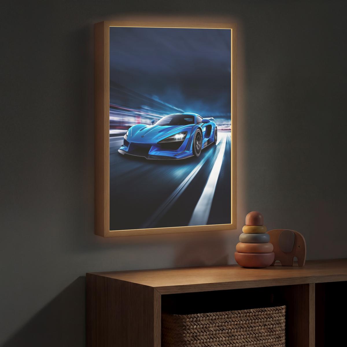 WANDLEUCHTE MIT AKKU Auto - Blau - Jungen - Kind 40x60 cm - Blau, Holzwerkstoff (40/60/8cm) - OnlyWow