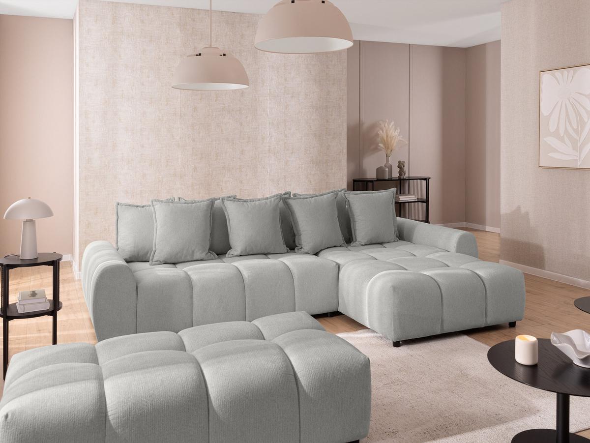 ECKSOFA inkl. Hocker Bubble mit Schlaffunktion und losen Rückenkissen, Sitzfläche Bubble-Optik aus weichem Hellegrau Strukturstoff - Ottomane Rechts - Hellgrau/Schwarz, Holz/Kunststoff (306/180cm) - S-Style Möbel