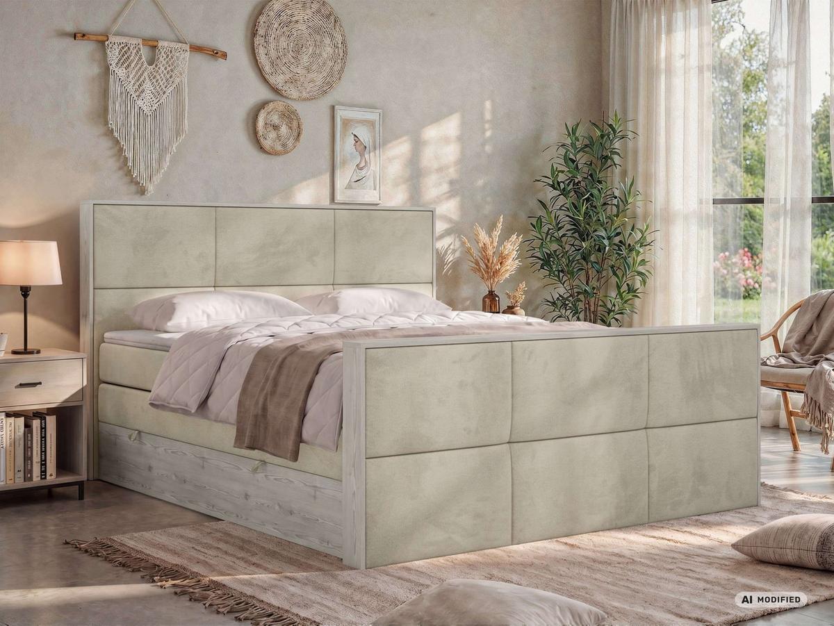 BOXSPRINGBETT DELNOR KING DUO 200/200 - Beige Velvet - Topper Visco - H3 - Beige/Schwarz, Kunststoff/Textil (200/200cm) - MKS