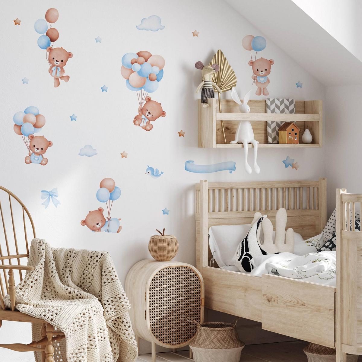WANDSTICKER Teddybären Ballons Sterne Wolken 120x60 - Beige/Braun, Papier (120/60/1cm) - Muralo