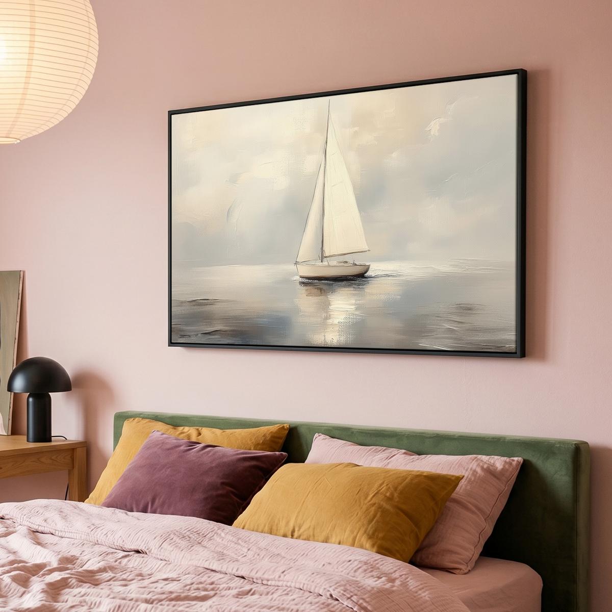 LEINWAND Bilder mit Rahmen - Segelschiff - Meer - Bewölkt - 150x100 - Creme, Textil (150/100cm) - MuchoWow