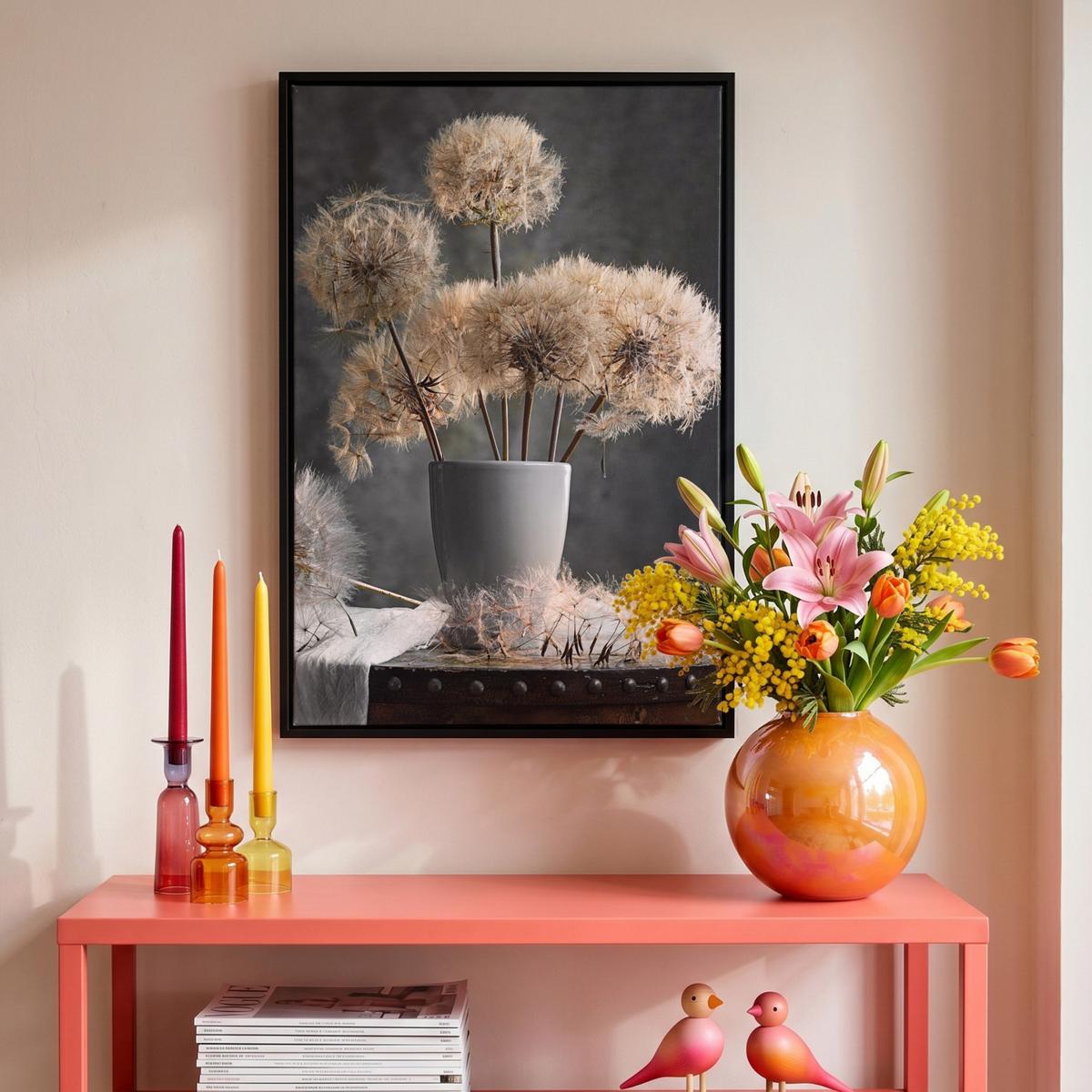LEINWAND Bilder mit Rahmen - Blumensamen - Löwenzahn - Vase - Stilleben - Blumenstrauß - 40x60 - Dunkelgrau, Textil (40/60cm) - MuchoWow