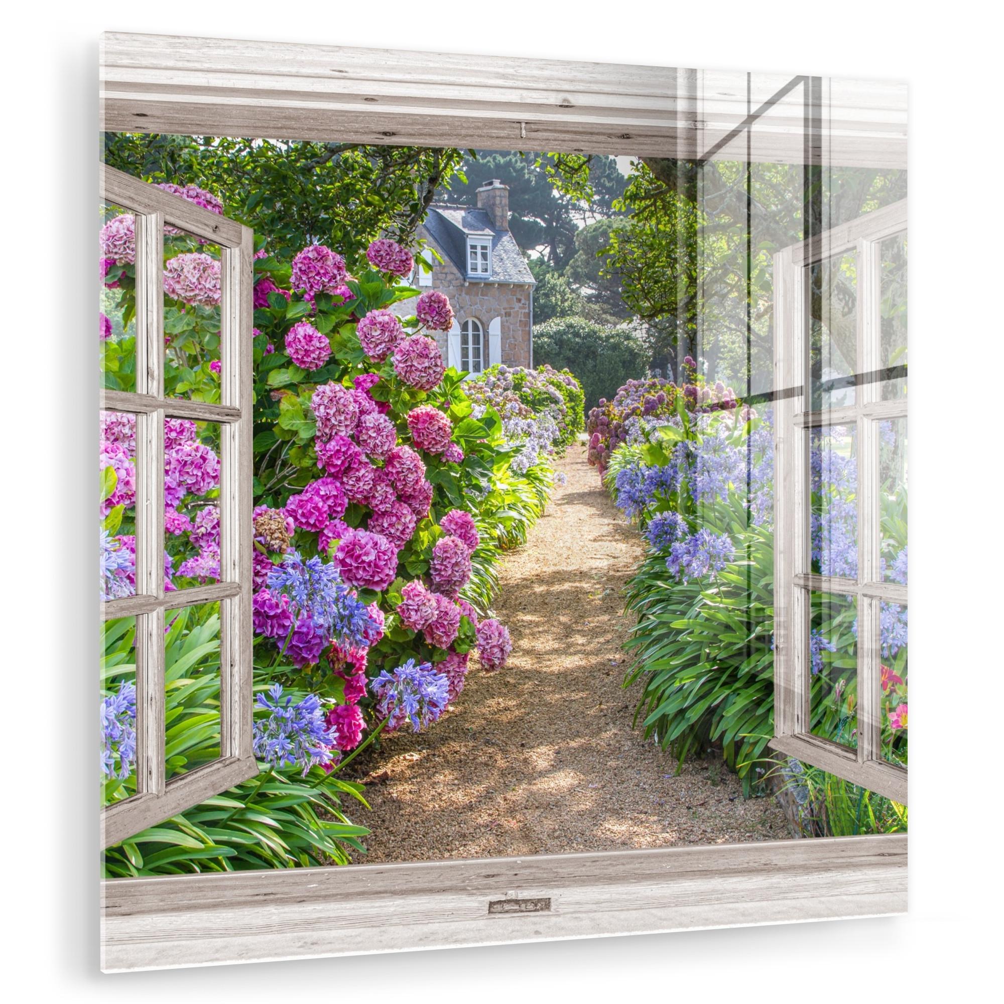 ACRYLGLASBILD Hortensie - Durchsichtig - Blumen - Sommer - Lila - Weg 90x90 cm - Lila, Glas (90/90cm) - MuchoWow