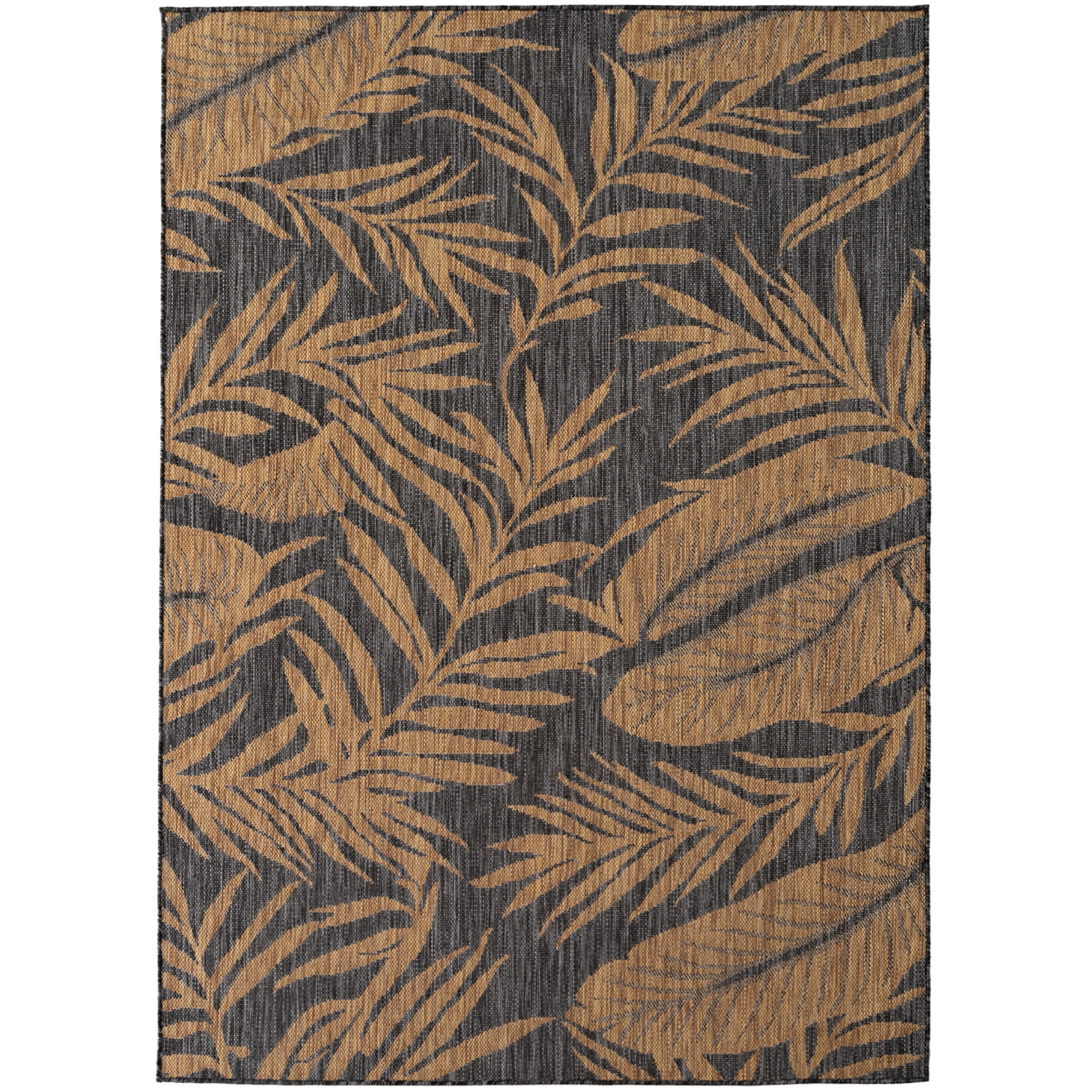 TEPPICH Flachgewebe, Outdoor, Fußbodenheizung-geeignet, mit Blattmotiv, VIGOLENO in Schwarz-Beige, 240 x 340 cm - Schwarz, Textil (240/340cm) - KADIMA DESIGN