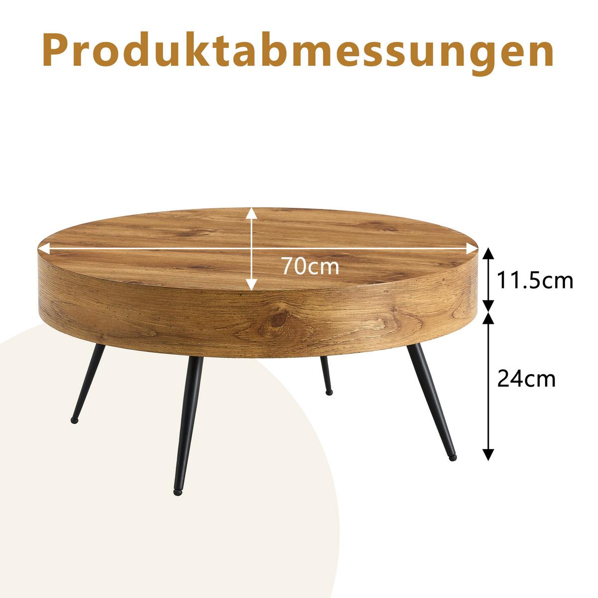 COUCHTISCH holzoptik rund metallbeine kompakt - Naturfarben, Holzwerkstoff (70/70/35.5cm) - Urban Meuble