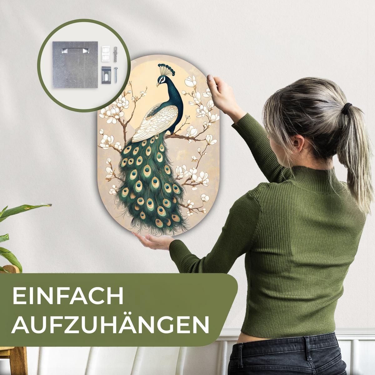 WANDBILD Pfau - Zweig - Blumen Deko Wohnzimmer 40x60 cm - Champagner, Kunststoff (40/60cm) - MuchoWow