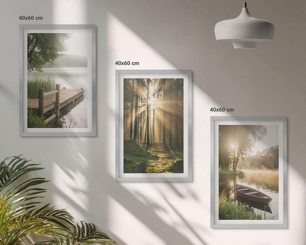 BILDER SET 3er Set - 40x60 cm Silberner Rahmen - See, Wald, Boot, Morgennebel - Silberfarben, Kunststoff (40/60cm) - TULUP