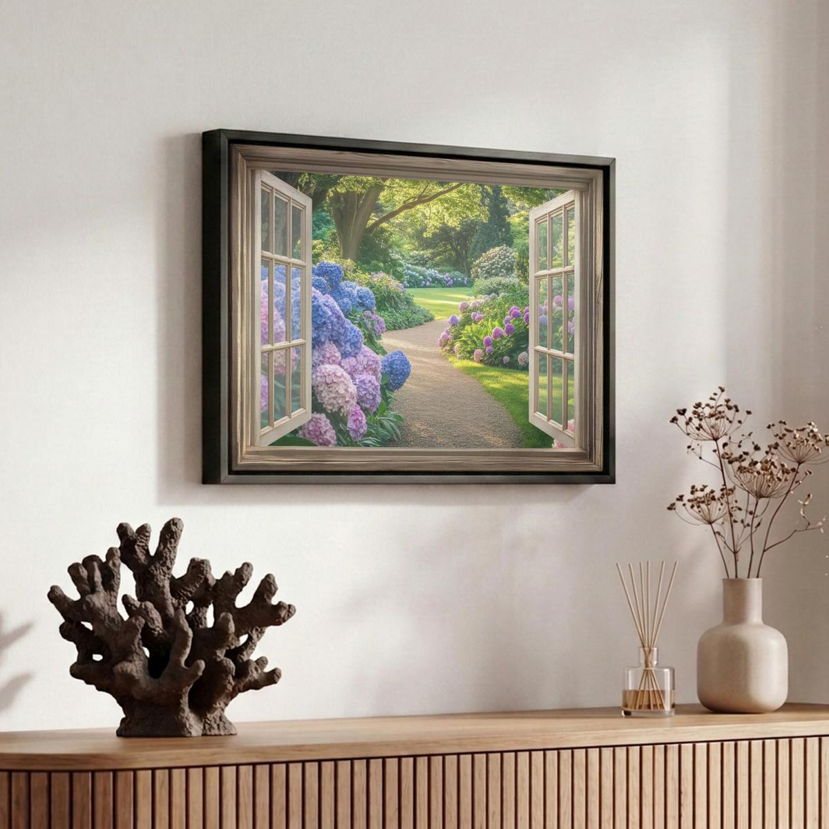 LEINWAND Bilder mit Rahmen - Aussicht - Garten - Fenster - Hortensie - Blumen - 30x20 - Pastellblau, Textil (30/20cm) - MuchoWow
