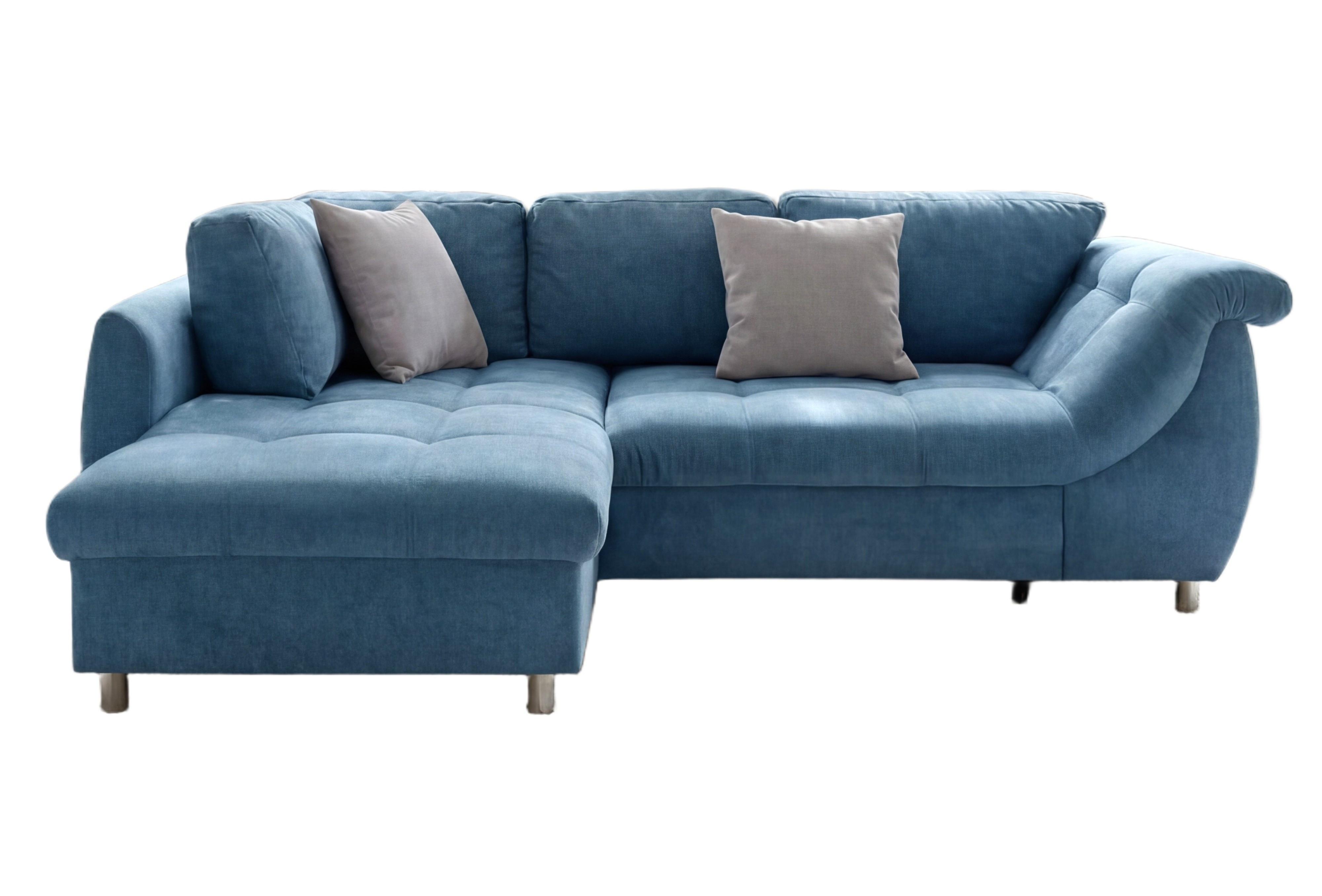 ECKSOFA mit Schlaffunktion, Bettkasten, Wellenunterfederung, Ottomane links B250/T190/H84 cm, Liegefl. 179x190 cm, Mikrofaser Blau / 17102 - Blau/Chromfarben, Textil/Metall (250/190cm) - luma-home